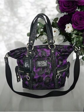 Coach Purple Ocelot Print Satin Ashley Satchel Carryall Crossbody Bag EUC